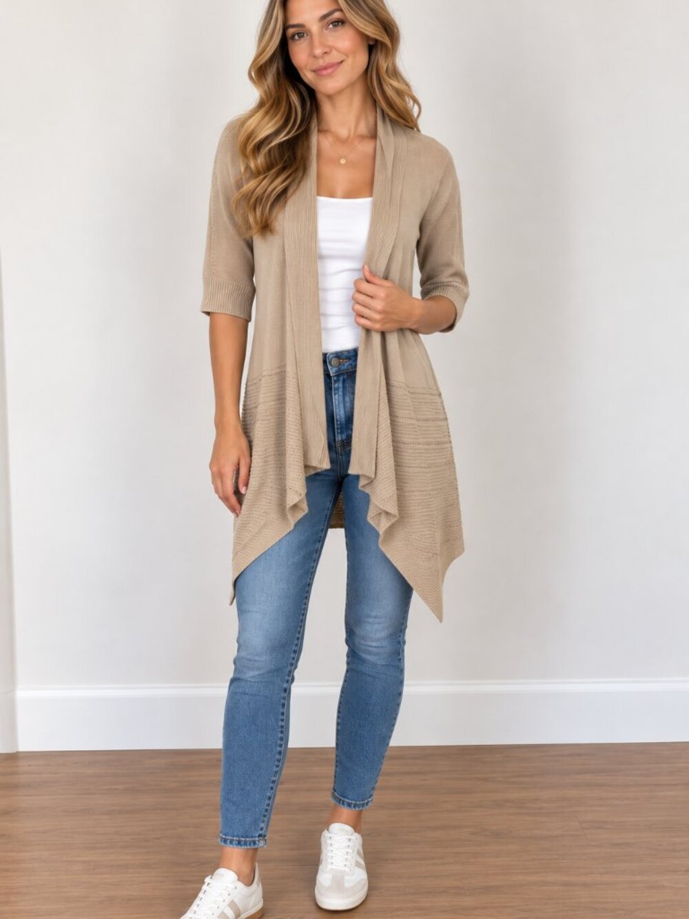 White House Black Market Beige Open-Front Draped Short-Sleeve Cardigan